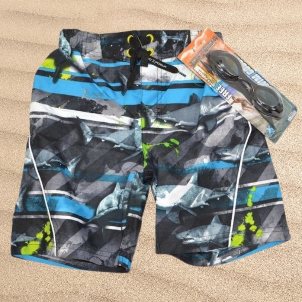 Zero Xposur Boys Sharks Swim Trunks w/ Goggles - NWT